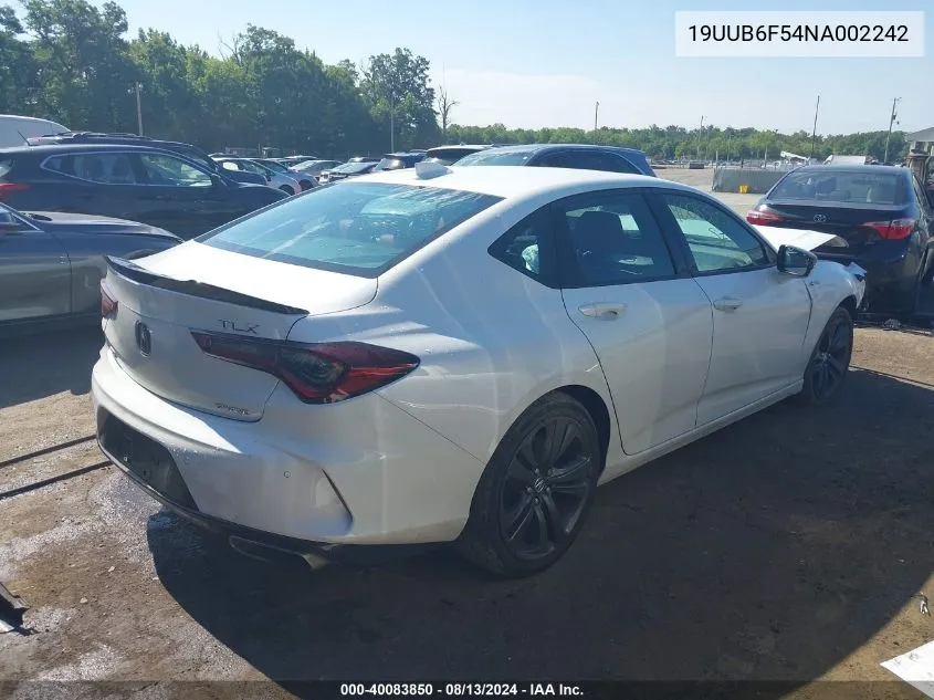 2022 Acura Tlx A-Spec Package VIN: 19UUB6F54NA002242 Lot: 40083850