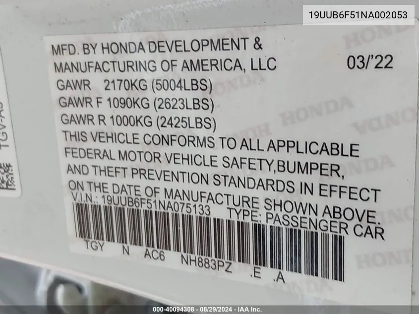 19UUB6F51NA002053 2022 Acura Tlx A-Spec Package