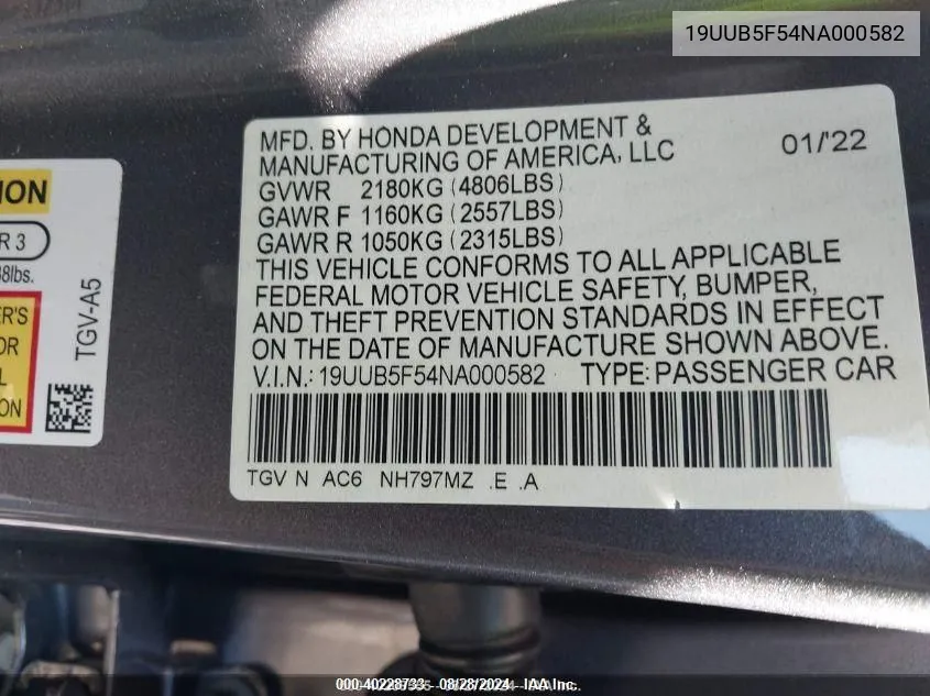 19UUB5F54NA000582 2022 Acura Tlx A-Spec Package