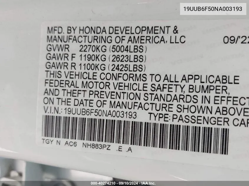 19UUB6F50NA003193 2022 Acura Tlx Tech A