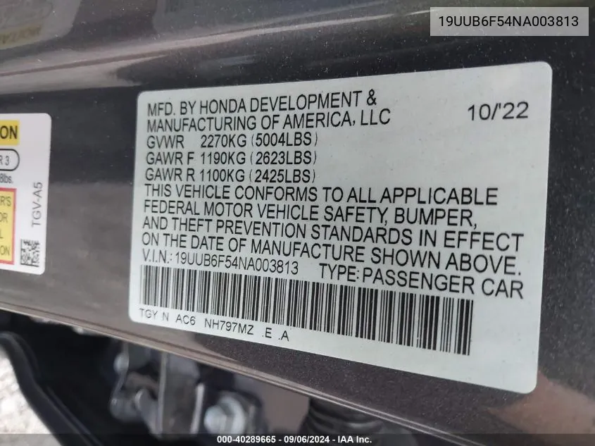 2022 Acura Tlx A-Spec Package VIN: 19UUB6F54NA003813 Lot: 40289665