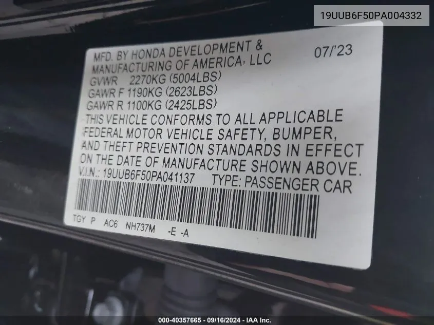 2023 Acura Tlx A-Spec Package VIN: 19UUB6F50PA004332 Lot: 40357665