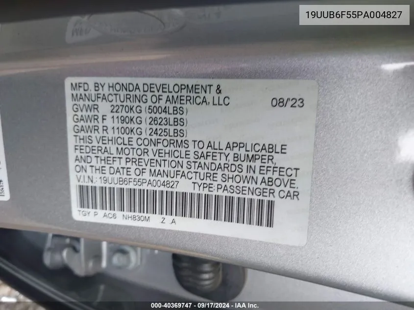 2023 Acura Tlx A-Spec Package VIN: 19UUB6F55PA004827 Lot: 40369747