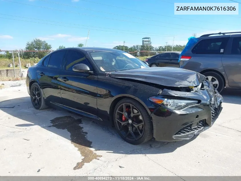 2019 Alfa Romeo Giulia Rwd VIN: ZARFAMAN0K7616306 Lot: 40894273