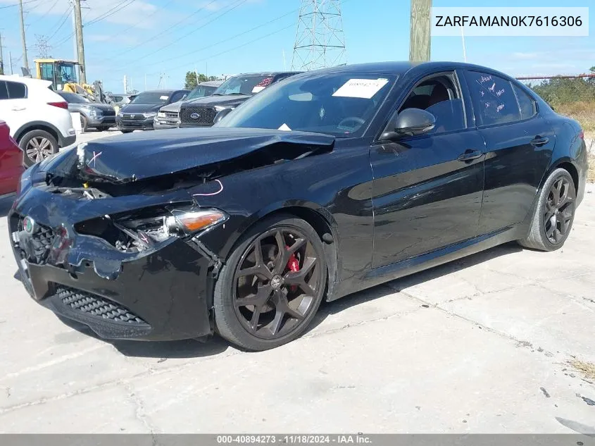 2019 Alfa Romeo Giulia Rwd VIN: ZARFAMAN0K7616306 Lot: 40894273