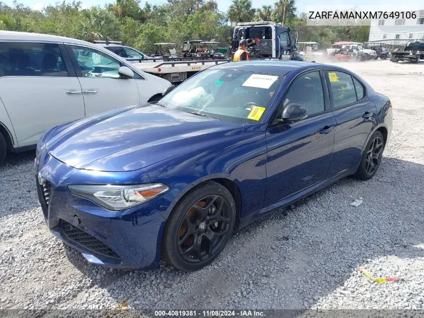 2021 Alfa Romeo Giulia Rwd VIN: ZARFAMANXM7649106 Lot: 40819381