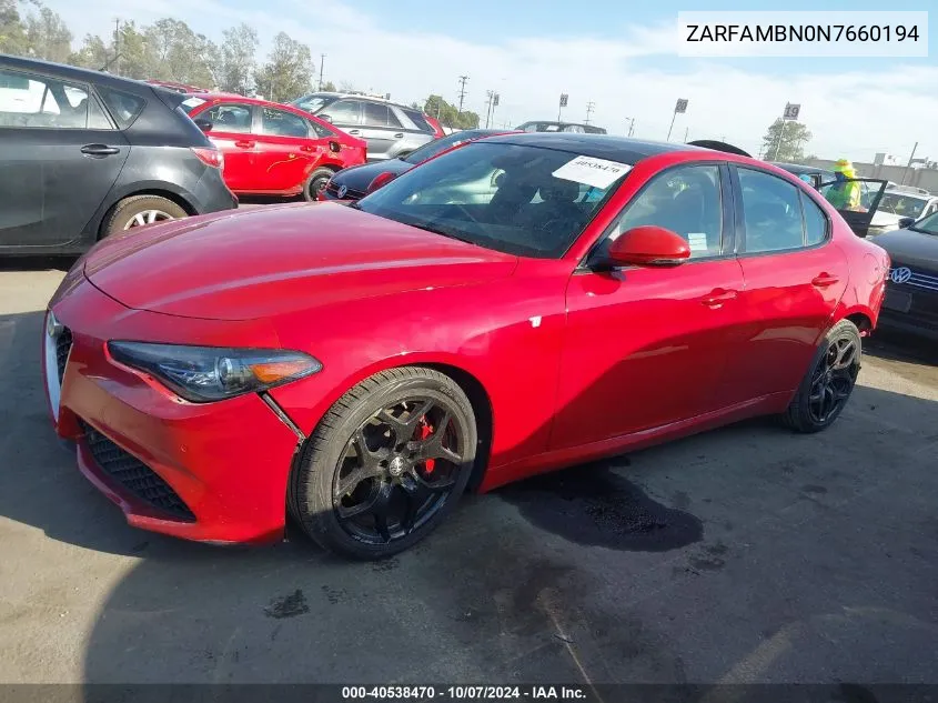 2022 Alfa Romeo Giulia Ti Rwd VIN: ZARFAMBN0N7660194 Lot: 40538470