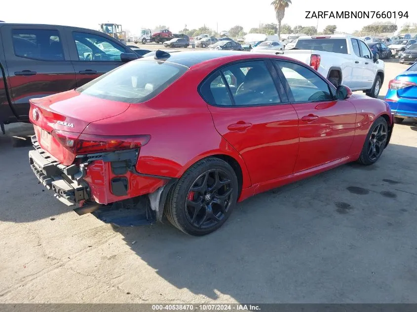 2022 Alfa Romeo Giulia Ti Rwd VIN: ZARFAMBN0N7660194 Lot: 40538470