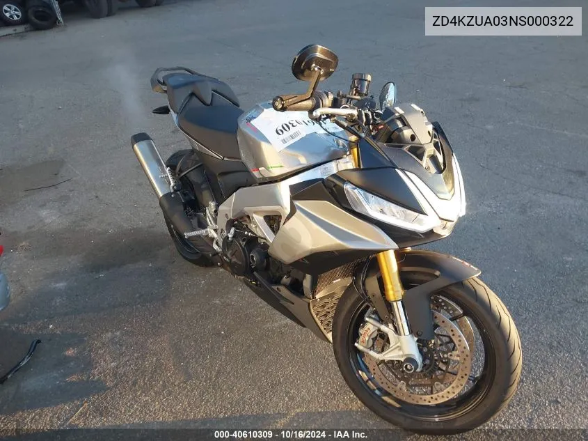 2022 Aprilia Tuono V4 1100 VIN: ZD4KZUA03NS000322 Lot: 40610309