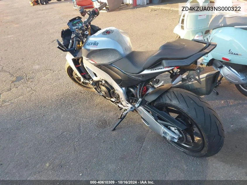 2022 Aprilia Tuono V4 1100 VIN: ZD4KZUA03NS000322 Lot: 40610309