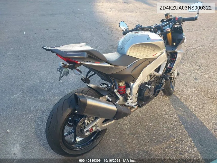 2022 Aprilia Tuono V4 1100 VIN: ZD4KZUA03NS000322 Lot: 40610309