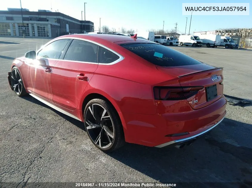 2018 Audi S5 3.0T Quattro VIN: WAUC4CF53JA057954 Lot: 20184967