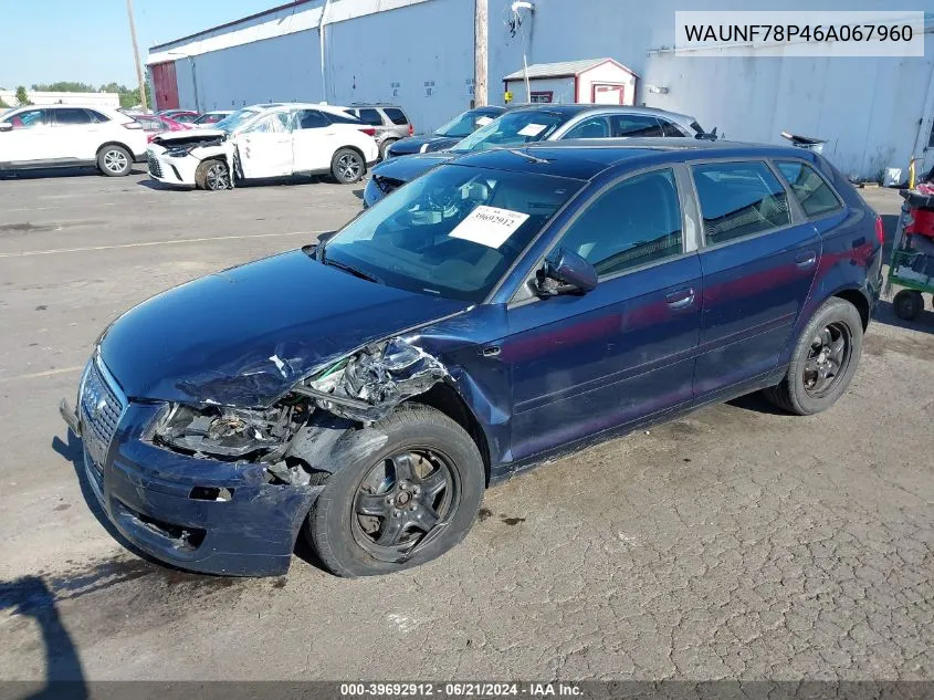 2006 Audi A3 2.0T VIN: WAUNF78P46A067960 Lot: 39692912