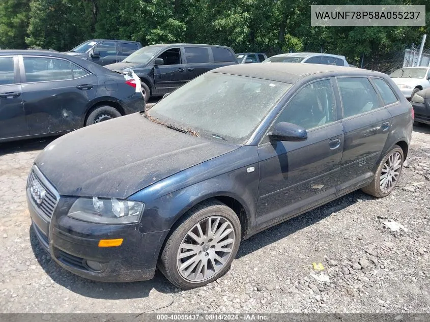 2008 Audi A3 2.0T VIN: WAUNF78P58A055237 Lot: 40055437