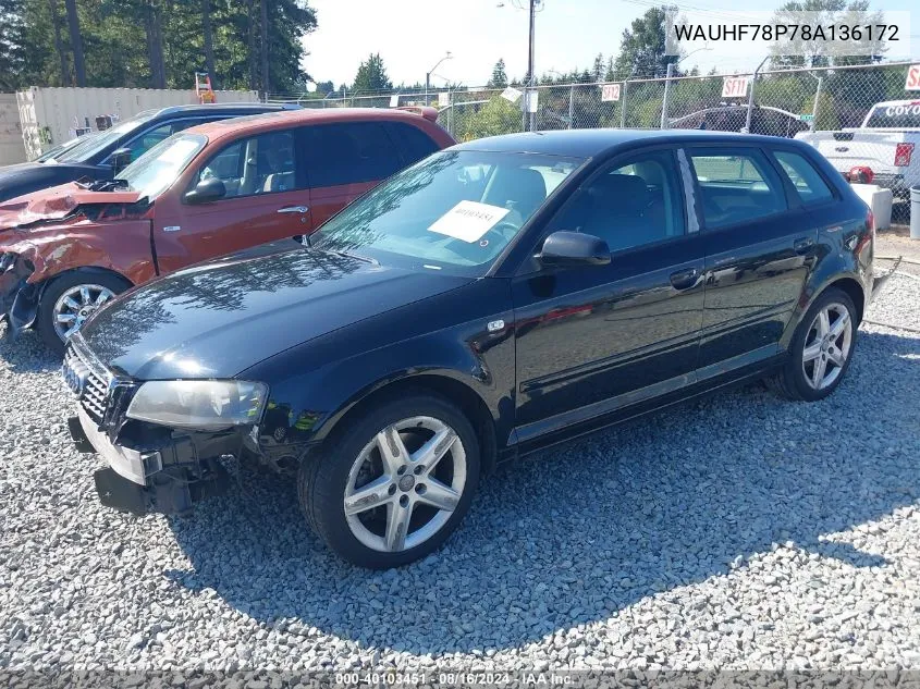 2008 Audi A3 2.0T VIN: WAUHF78P78A136172 Lot: 40103451