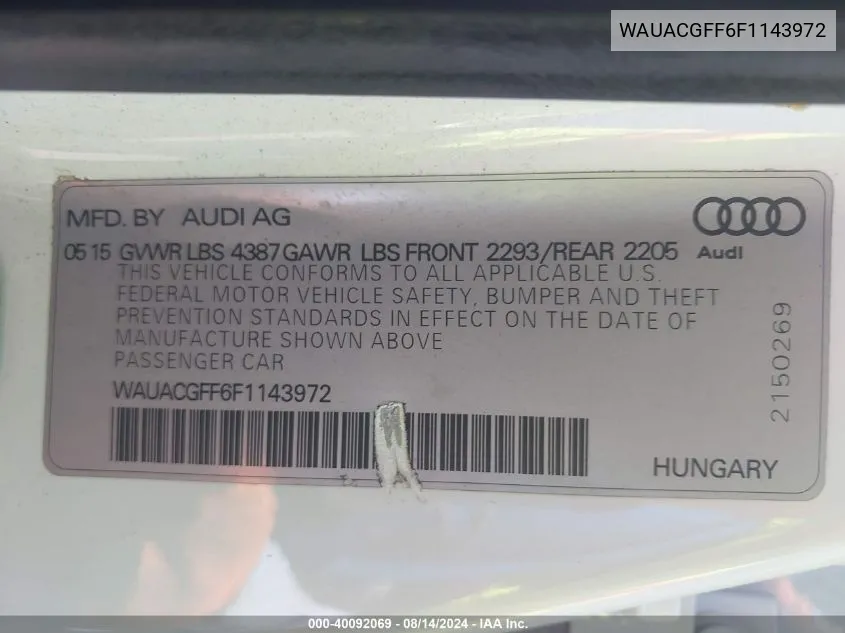 WAUACGFF6F1143972 2015 Audi A3 1.8T Premium