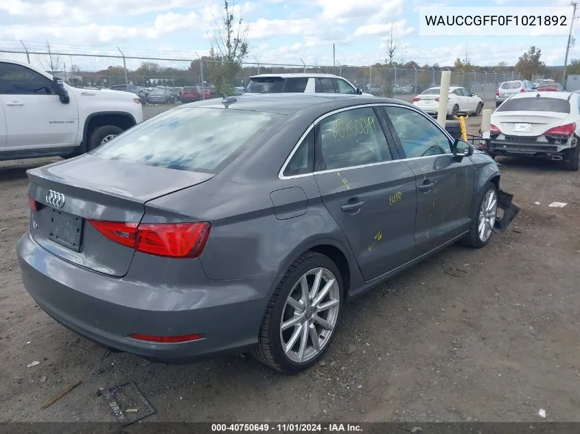 2015 Audi A3 1.8T Premium VIN: WAUCCGFF0F1021892 Lot: 40750649