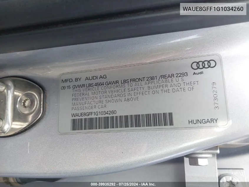 WAUE8GFF1G1034260 2016 Audi A3 2.0T Premium