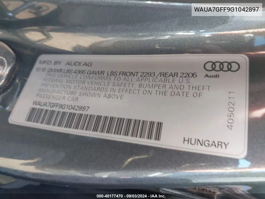 WAUA7GFF9G1042897 2016 Audi A3 1.8T Premium