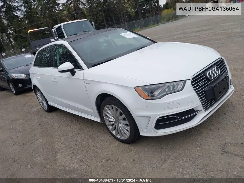 2016 Audi A3 E-Tron 1.4T Premium VIN: WAUTPBFF0GA136064 Lot: 40488471