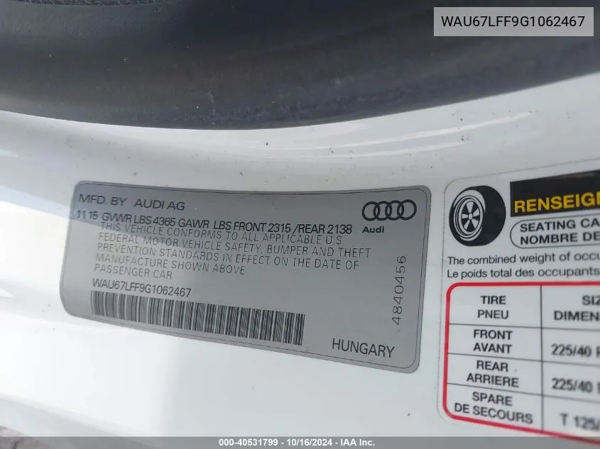 WAU67LFF9G1062467 2016 Audi A3 1.8T Premium