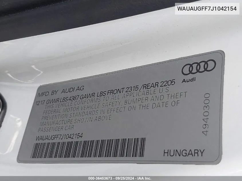 WAUAUGFF7J1042154 2018 Audi A3 2.0T Tech Premium/2.0T Premium