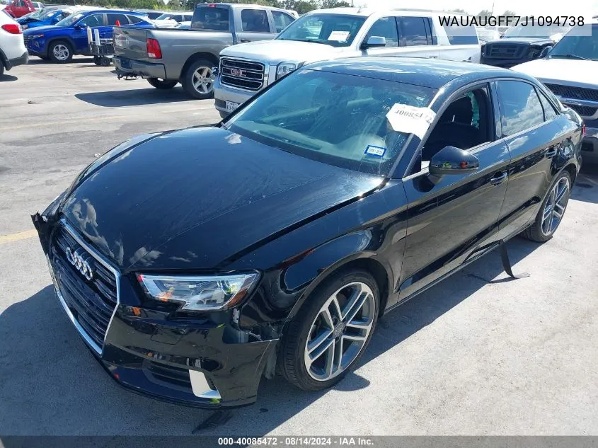 2018 Audi A3 2.0T Premium/2.0T Tech Premium VIN: WAUAUGFF7J1094738 Lot: 40085472