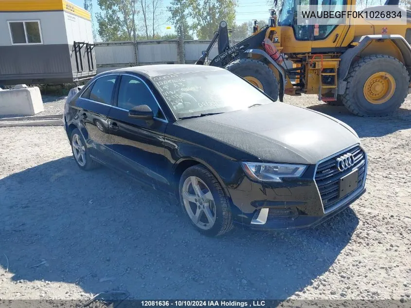 2019 Audi A3 Sedan VIN: WAUBEGFF0K1026834 Lot: 12081636