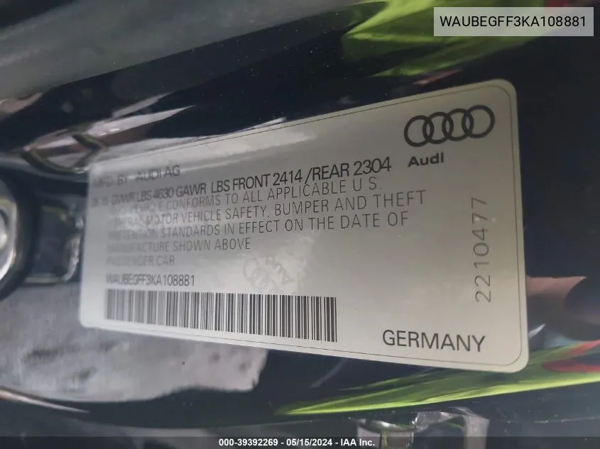 WAUBEGFF3KA108881 2019 Audi A3 45 Premium