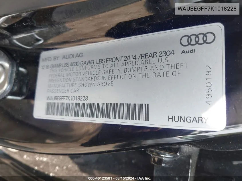 WAUBEGFF7K1018228 2019 Audi A3 45 Premium