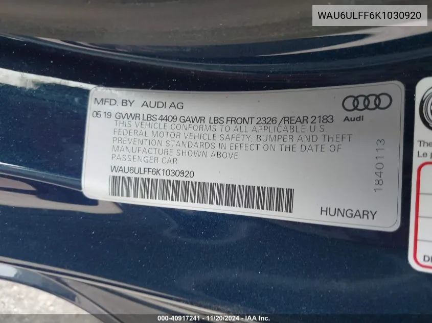 2019 Audi A3 40 Premium VIN: WAU6ULFF6K1030920 Lot: 40917241