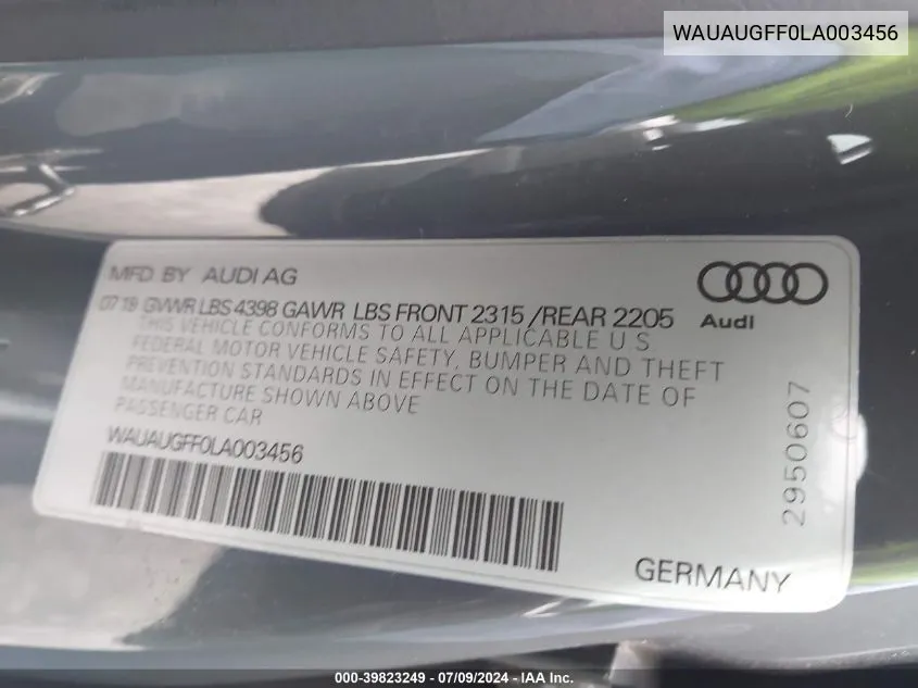 2020 Audi A3 Premium 40 Tfsi Front-Wheel Drive S Tronic VIN: WAUAUGFF0LA003456 Lot: 39823249