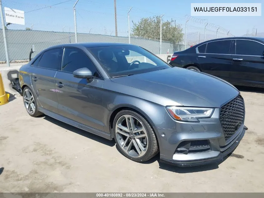 2020 Audi A3 Premium Plus 45 Tfsi S Line Quattro S Tronic VIN: WAUJEGFF0LA033151 Lot: 40180892