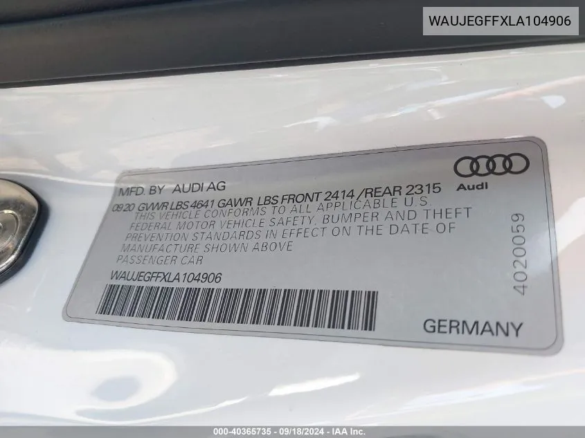 2020 Audi A3 S-Line Premium Plus VIN: WAUJEGFFXLA104906 Lot: 40365735