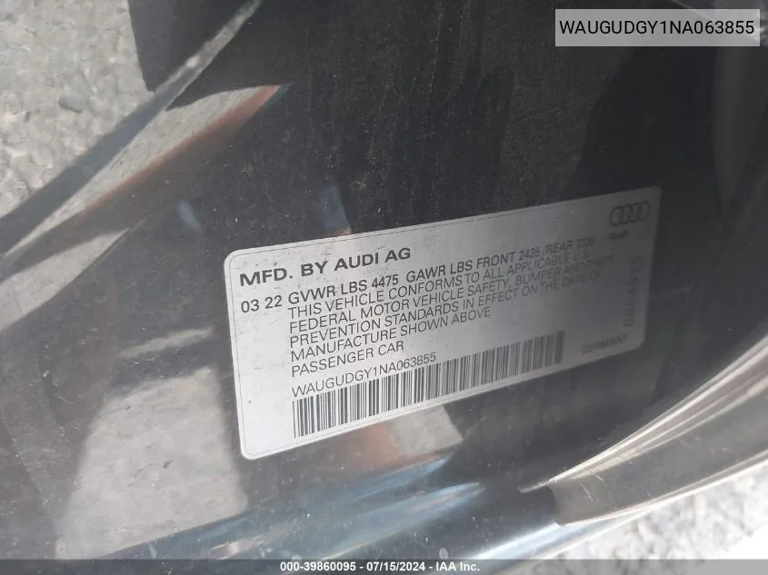 WAUGUDGY1NA063855 2022 Audi A3 Premium 40 Tfsi Quattro S Tronic