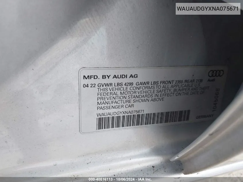 2022 Audi A3 Premium 40 Tfsi Front-Wheel Drive S Tronic VIN: WAUAUDGYXNA075671 Lot: 40516113