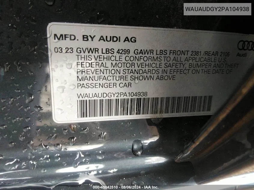 2023 Audi A3 Premium 40 Tfsi Front-Wheel Drive S Tronic VIN: WAUAUDGY2PA104938 Lot: 40042510