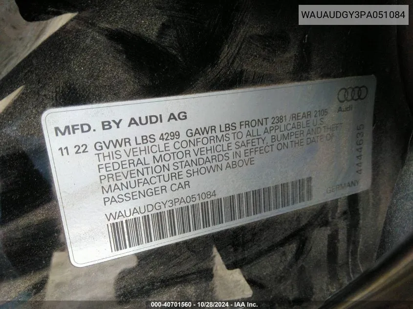 2023 Audi A3 Premium 40 Tfsi Front-Wheel Drive S Tronic VIN: WAUAUDGY3PA051084 Lot: 40701560