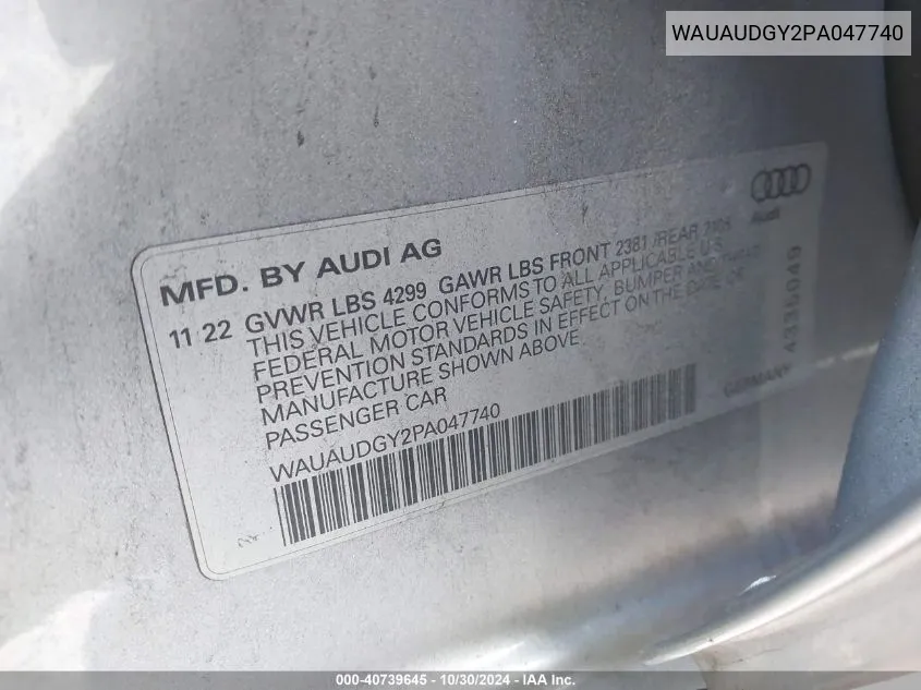 2023 Audi A3 Premium 40 Tfsi Front-Wheel Drive S Tronic VIN: WAUAUDGY2PA047740 Lot: 40739645