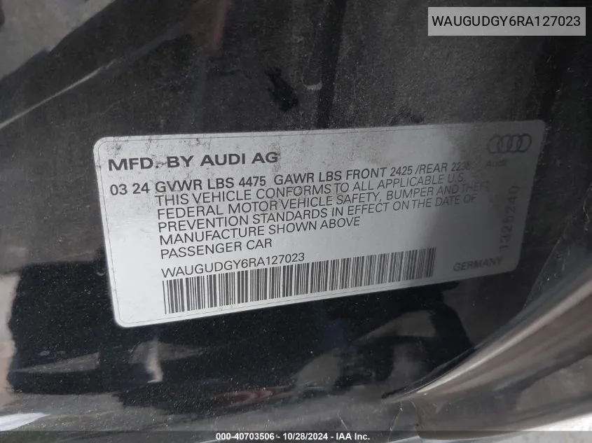 2024 Audi A3 Premium 40 Tfsi Quattro S Tronic VIN: WAUGUDGY6RA127023 Lot: 40703506