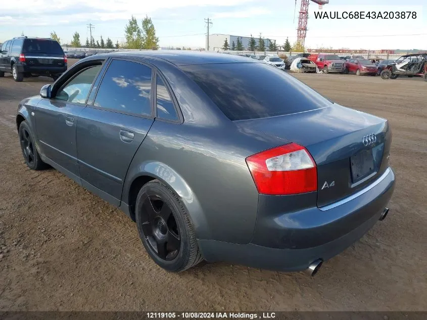 2003 Audi A4 VIN: WAULC68E43A203878 Lot: 12119105