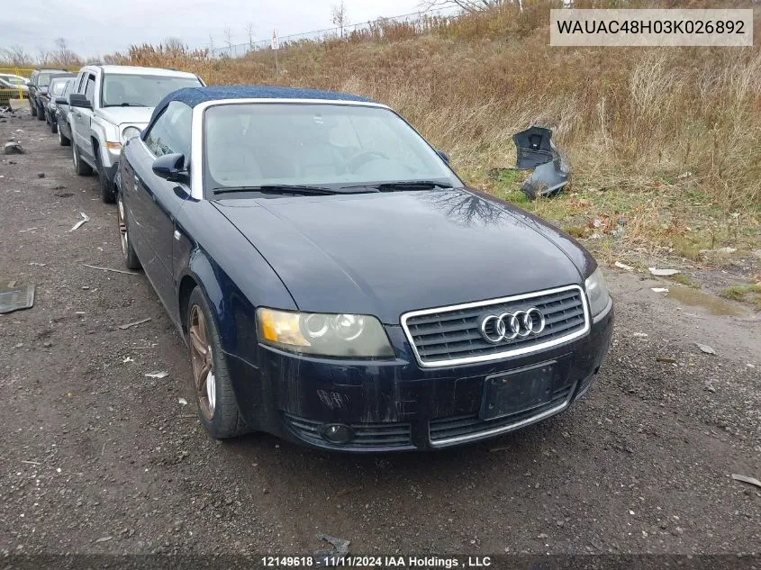 2003 Audi A4 1.8 Cabriolet VIN: WAUAC48H03K026892 Lot: 12149618