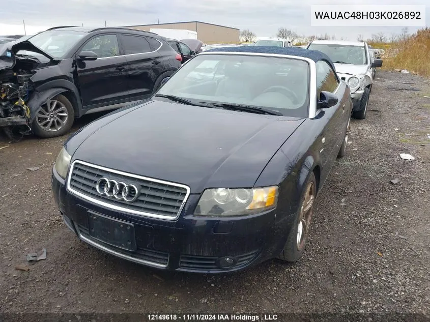 2003 Audi A4 1.8 Cabriolet VIN: WAUAC48H03K026892 Lot: 12149618