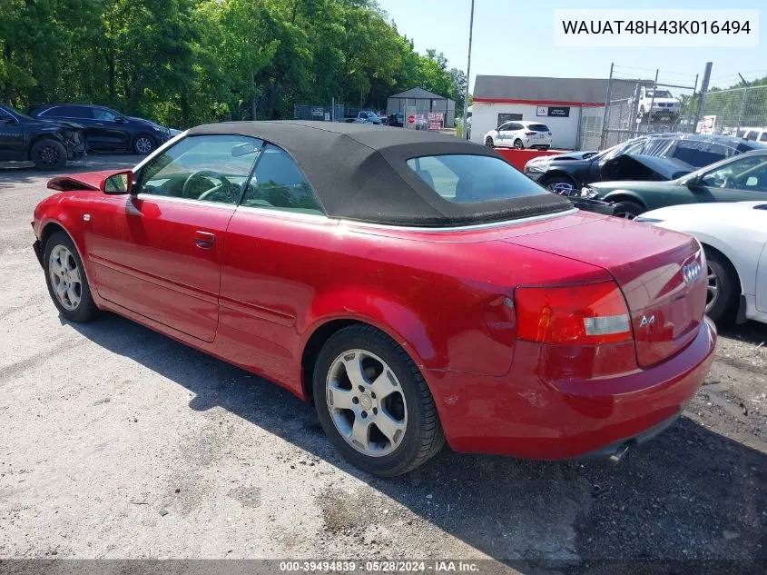 2003 Audi A4 3.0 VIN: WAUAT48H43K016494 Lot: 39494839