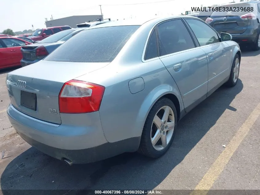 2003 Audi A4 3.0 VIN: WAULT68E33A239688 Lot: 40067396