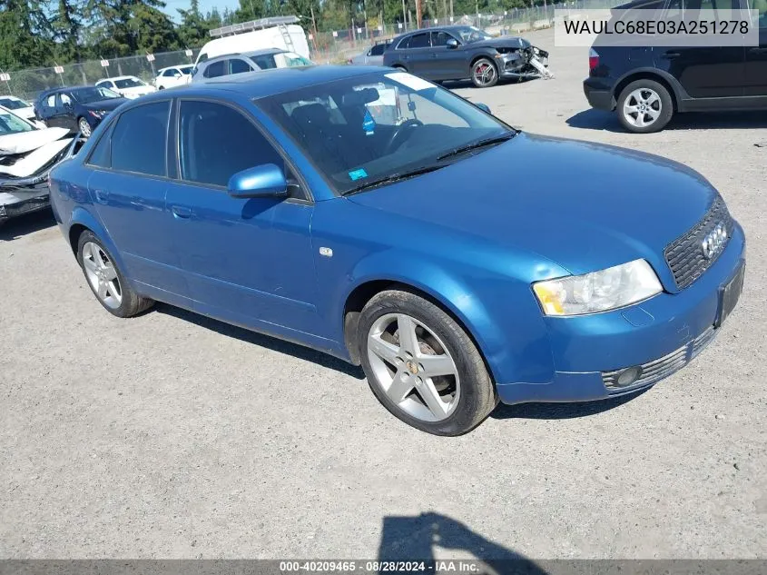 2003 Audi A4 1.8T VIN: WAULC68E03A251278 Lot: 40209465