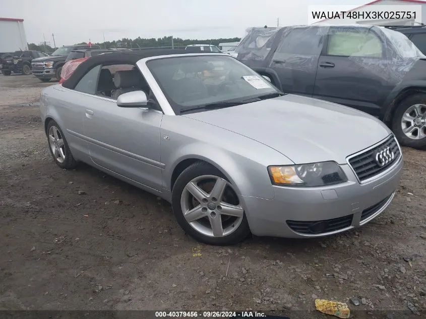 2003 Audi A4 3.0 VIN: WAUAT48HX3K025751 Lot: 40379456