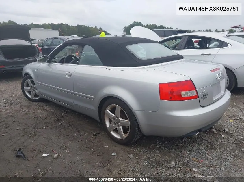 2003 Audi A4 3.0 VIN: WAUAT48HX3K025751 Lot: 40379456