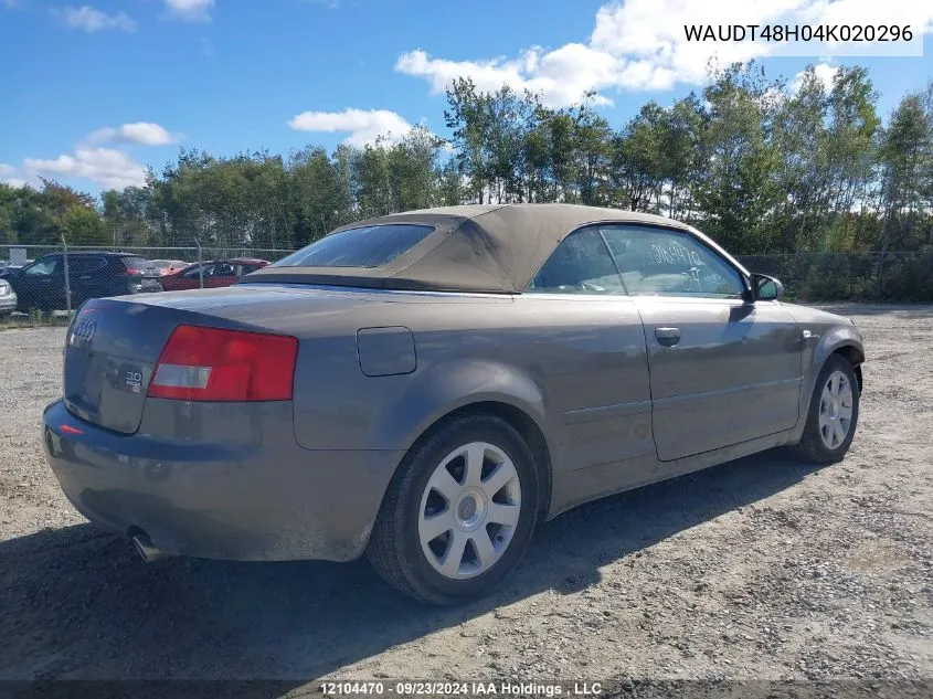 2004 Audi A4 Quattro VIN: WAUDT48H04K020296 Lot: 12104470