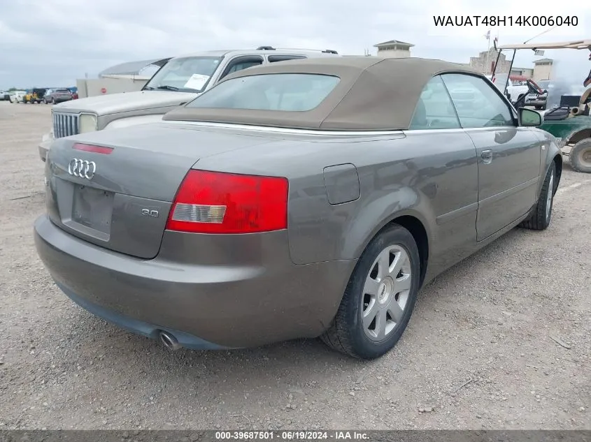 2004 Audi A4 3.0 VIN: WAUAT48H14K006040 Lot: 39687501